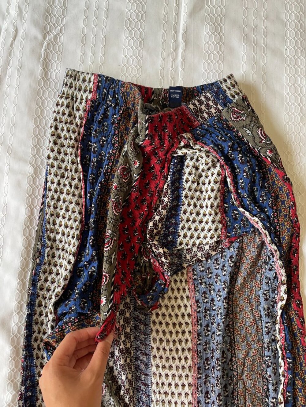 Boho Striped Patchwork Maxi Skirt in Red, Blue, Olive & Cream Leg Slit - Picture 5 of 6
